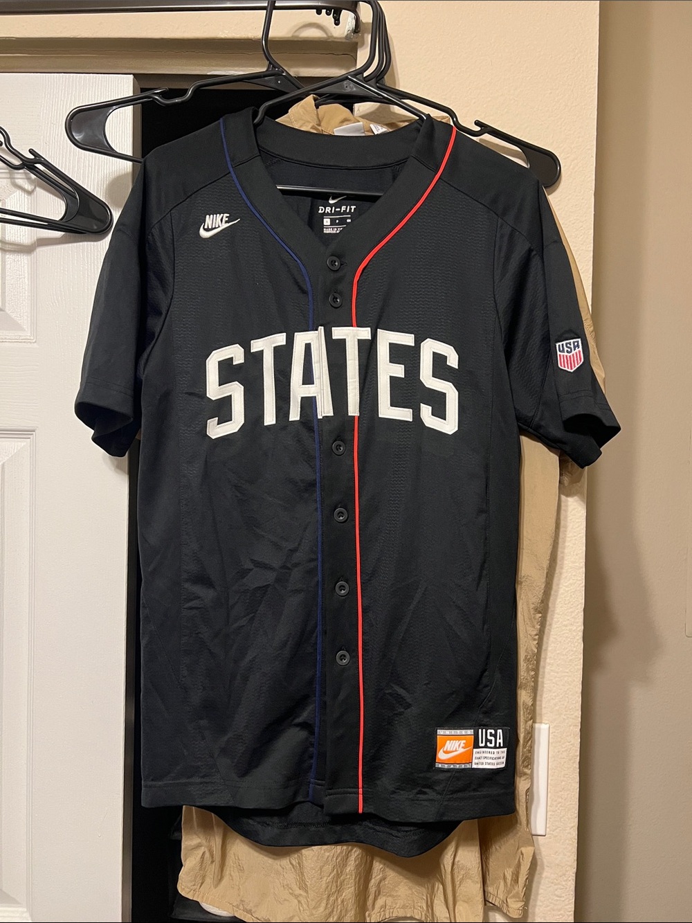 Nike Black 'STATES' USA Baseball Jersey with Red & Blue Piping